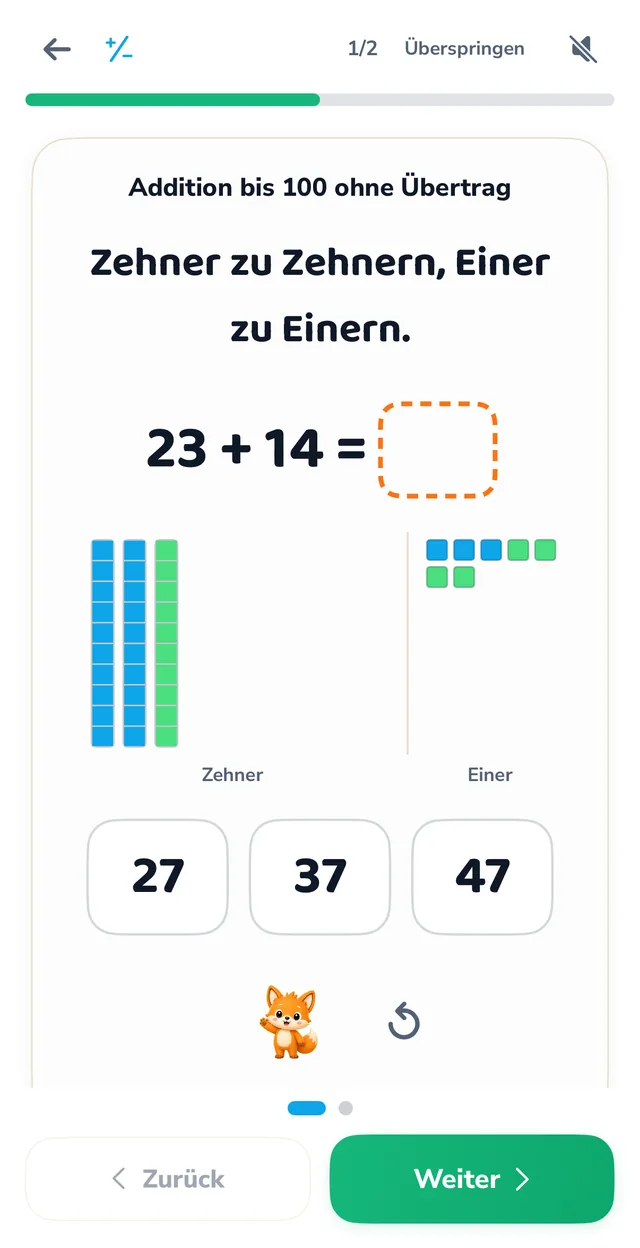 Echter App-Screen: Filu erklärt Addition mit Zehnerstangen und Einerwürfeln